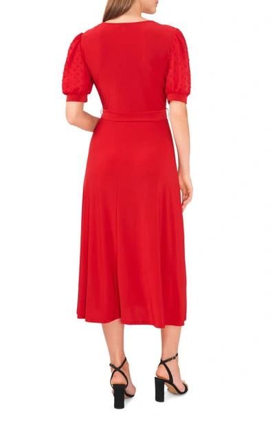 Shop Chaus Clip Dot Puff Sleeve Tie Front Midi Dress In Cece Red