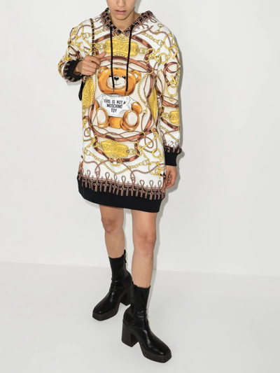 Shop Moschino Teddy-print Hoodie Dress In Gold