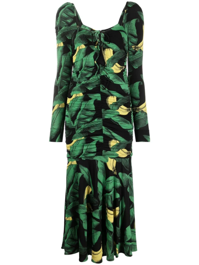 Shop Ganni Leaf-print Ruched Midi Dress In Green