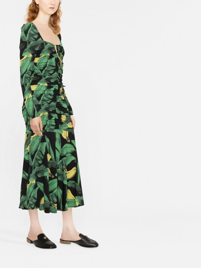 Shop Ganni Leaf-print Ruched Midi Dress In Green