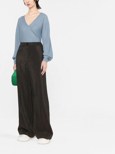 Vince Ribbed Cross Front Pullover In Blue