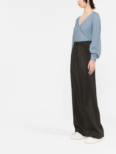 Vince Ribbed Cross Front Pullover In Blue