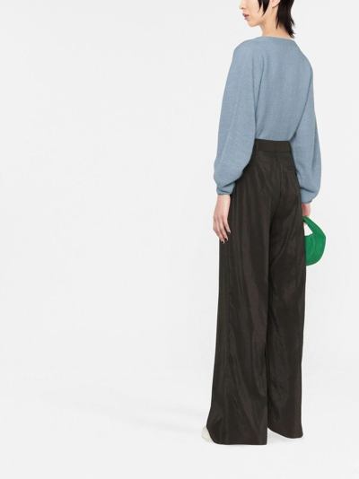 Vince Ribbed Cross Front Pullover In Blue