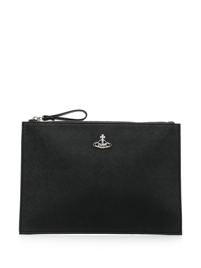 Shop Vivienne Westwood Orb-embellished Textured Clutch In Black
