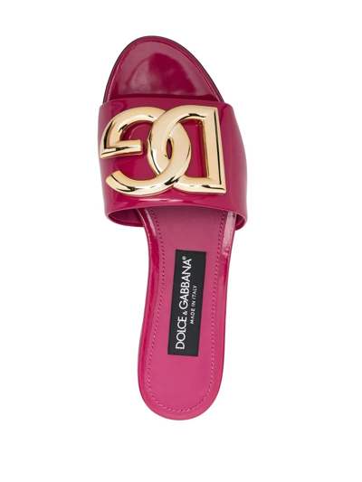 Shop Dolce & Gabbana Logo-plaque Leather Slides In Pink