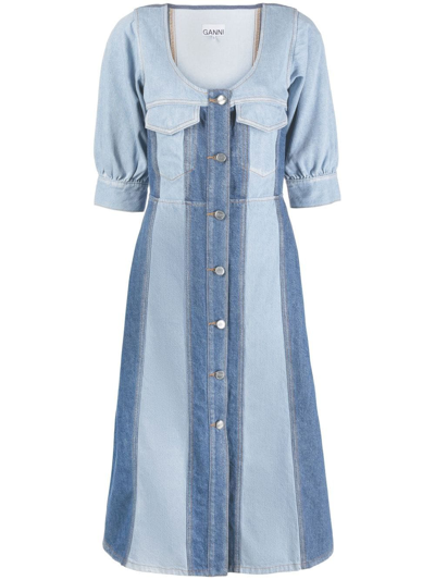 Shop Ganni Panelled Midi Organic Cotton Dress In Blue
