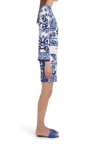 Shop Dolce & Gabbana Majolica Long Sleeve Jersey Dress In Ha3tn Tris Maioliche F.bco