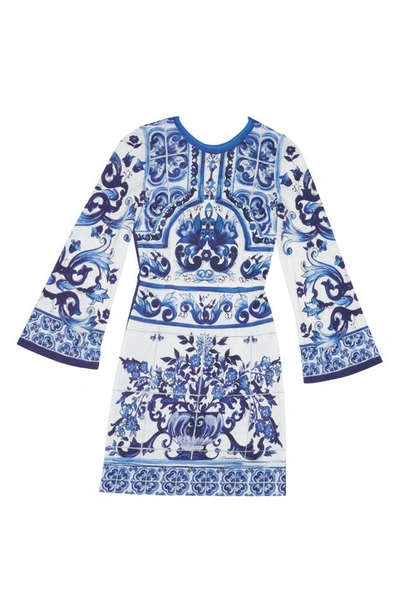 Shop Dolce & Gabbana Majolica Long Sleeve Jersey Dress In Ha3tn Tris Maioliche F.bco