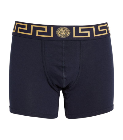 Shop Versace Iconic Greca Long Trunks In Navy
