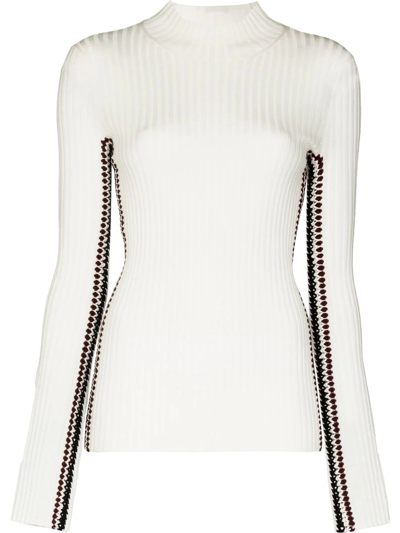 Chloé Crochet Side-stripe Mock-neck Rib Sweater In Weiss