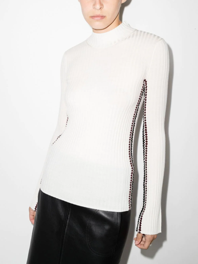 Chloé Crochet Side-stripe Mock-neck Rib Sweater In Weiss