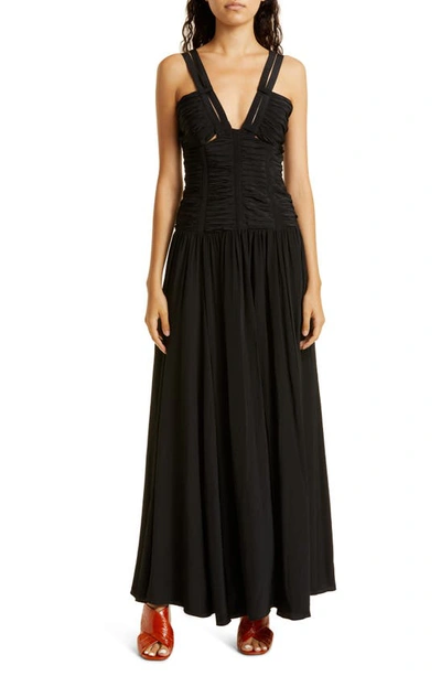 Shop Ulla Johnson Anya Shirred Strappy Silk Gown In Noir