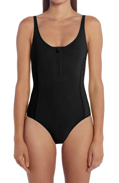 Shop Moncler Zip Front One-piece Swimsuit In Black