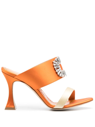 Shop Manolo Blahnik Laali 95mm Crystal-embellished Mules In Orange