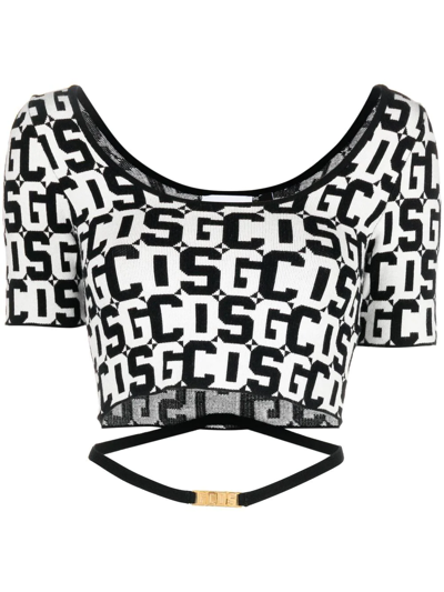 Shop Gcds Intarsia-knit Logo Cropped Top In Schwarz