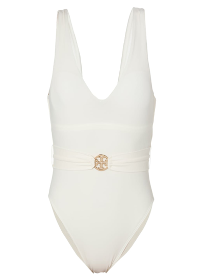 Shop Tory Burch Miller Plunge Swimsuit In New Ivory