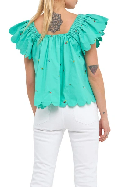 English Factory Floral Embroidered Scallop Trim Cotton Top In Emerald