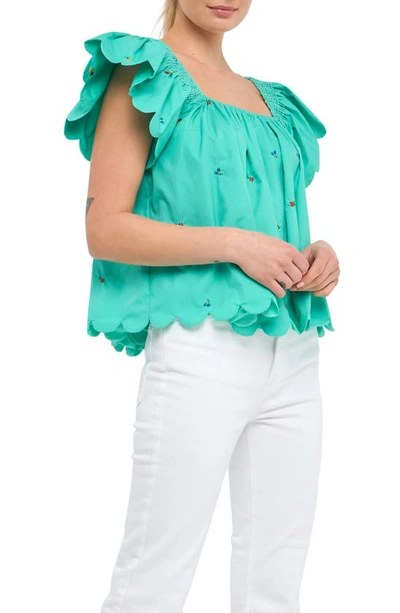 English Factory Floral Embroidered Scallop Trim Cotton Top In Emerald