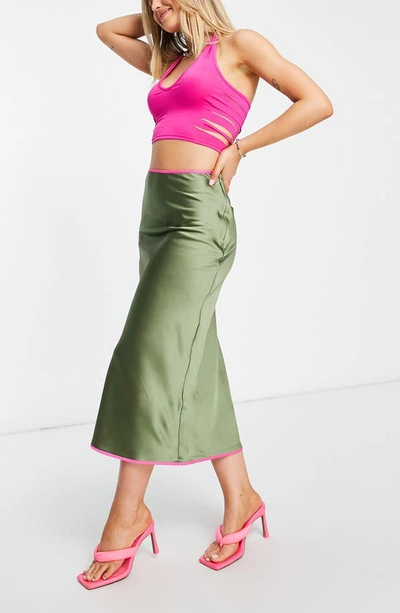 Shop Topshop Satin Midi Skirt In Khaki