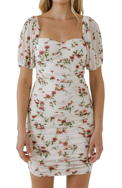 Endless Rose Floral Puff Sleeve Mini Dress In White Multi