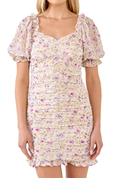 Endless Rose Eyelet Floral Ruched Minidress In Ivory Multi