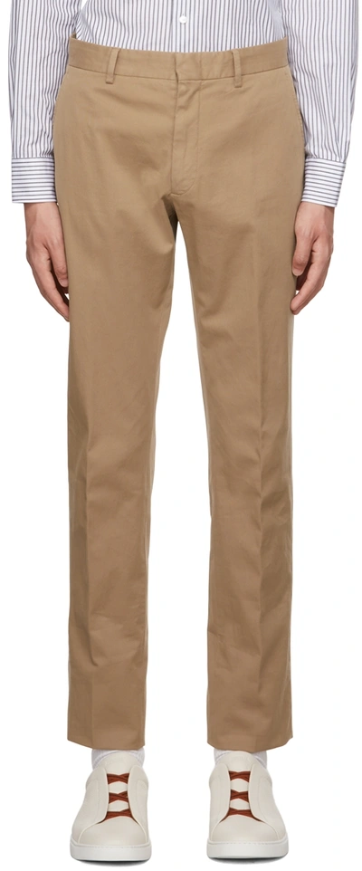 Shop Zegna Tan Flat Front Trousers In 136 Camel