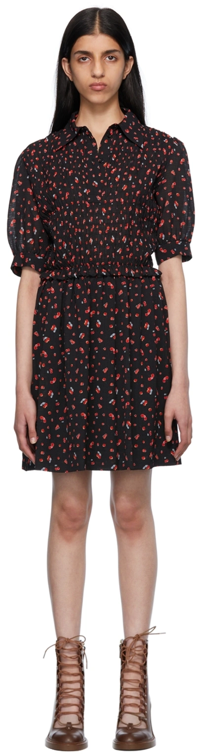 Shop See By Chloé Black Smocked Minidress In 935 Black - Red 1