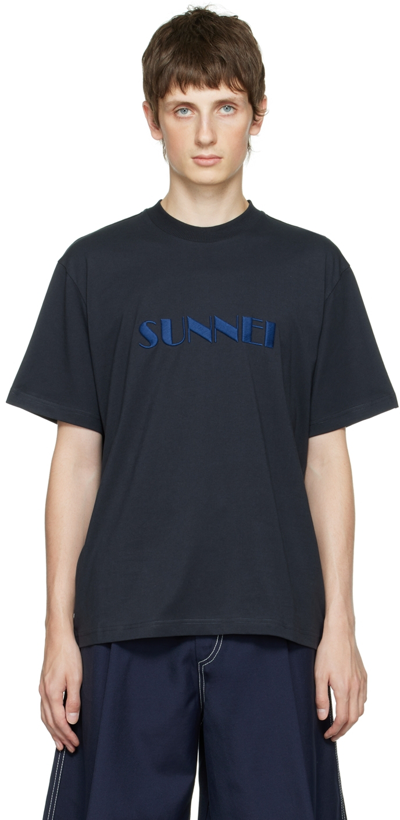 Shop Sunnei Navy Logo T-shirt In 0099 Midnight Blue