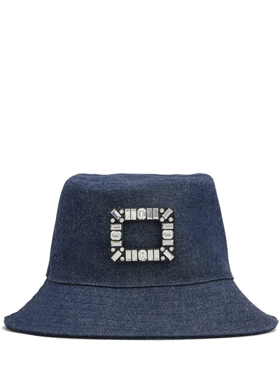 Shop Roger Vivier Viv 'skate Denim Hat With Strass Buckle In Blue