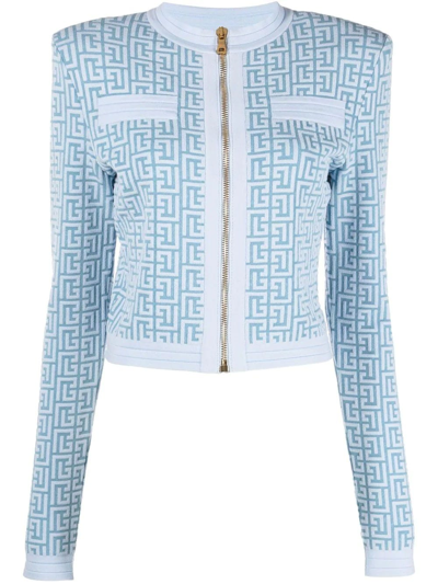 Balmain Blue Monogram-pattern Cropped Jacket In Blue