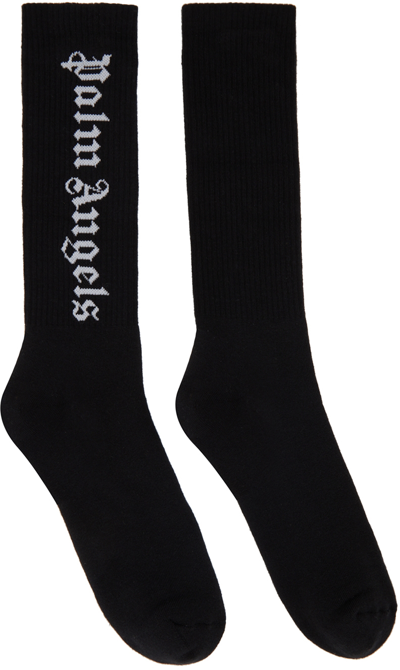 Shop Palm Angels Black Gothic Logo Socks In Black White