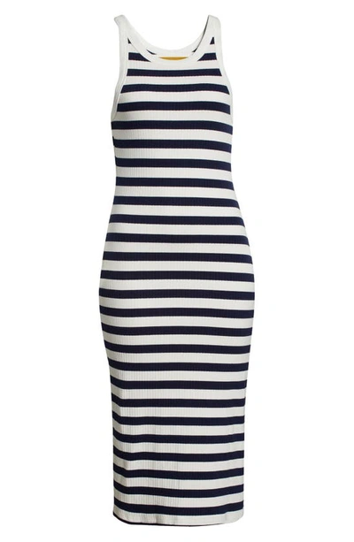 Shop Mother The Chin Ups Stripe Stretch Cotton Midi Dress In Navy/ Natural Stripe