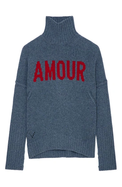 Shop Zadig & Voltaire Alma We Amour Wool Turtleneck Sweater In Denim