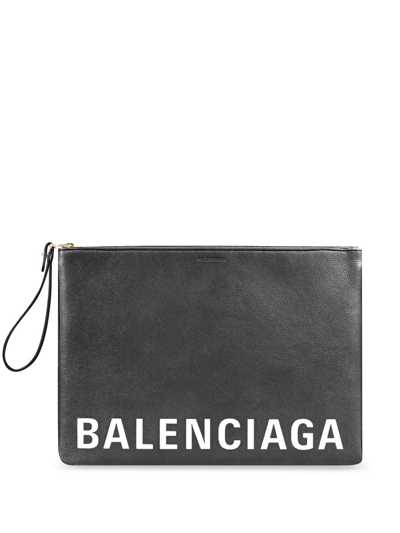 Shop Balenciaga Logo-print Leather Pouch In Black