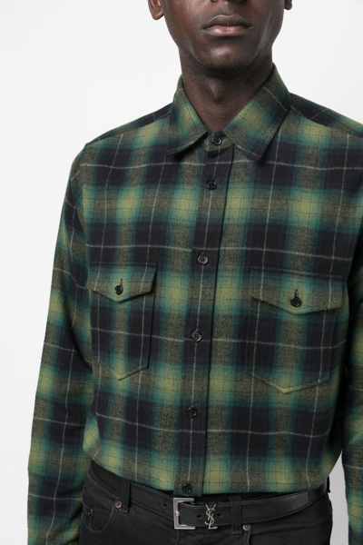 Saint Laurent Check-print Long-sleeve Shirt In Green