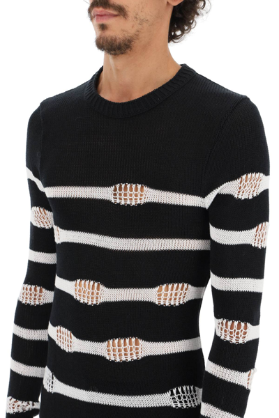 Shop Balmain Striped Sweater In Distressed Cotton In White,black