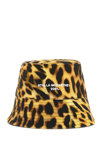 Stella Mccartney Orange Leopard Print Logo Cotton Bucket Hat In Yellow,brown