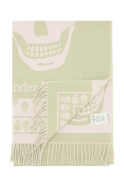 Alexander Mcqueen Skull-print Branded Wool Scarf In Green,beige