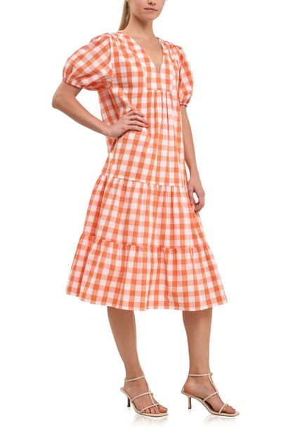 Shop English Factory Gingham Tiered Puff Sleeve Cotton Midi Dress In Orange