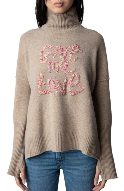 Shop Zadig & Voltaire Alma We Give Me Love Wool Turtleneck Sweater In Mastic