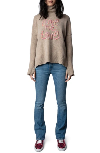 Shop Zadig & Voltaire Alma We Give Me Love Wool Turtleneck Sweater In Mastic