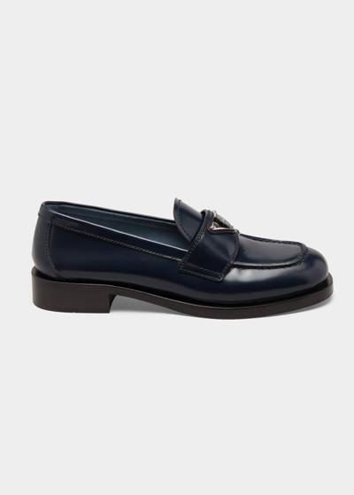 Shop Prada Calfskin Logo Flat Loafers In Bleu