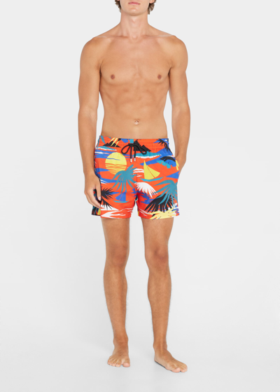 Shop Palm Angels Men's Hawaiian Print Swim Shorts In Red Yellow