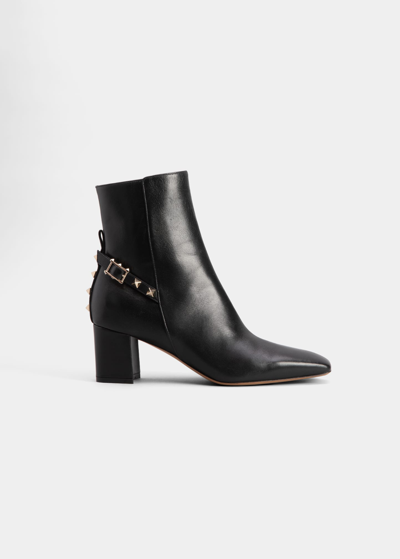 Shop Valentino Rockstud Leather Block-heel Booties In 0no Nero