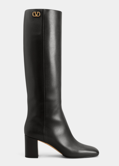 Shop Valentino Calfskin Block-heel Knee Boots In 0no Nero