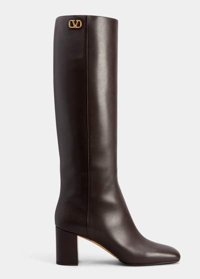 Shop Valentino Calfskin Block-heel Knee Boots In Nm8chocolate