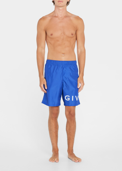 Shop Givenchy Men's Long Logo Swim Shorts In Ocean Blue