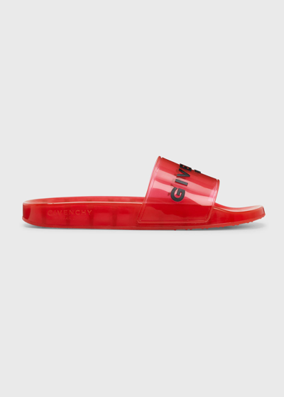 Shop Givenchy Men's Transparent Logo Slides In Red