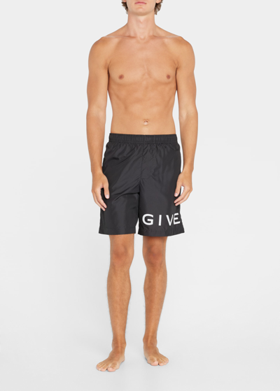 Shop Givenchy Men's Long Logo Swim Shorts In Black White