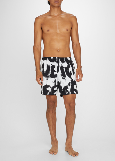 Shop Alexander Mcqueen Men's Xl Graffiti Swim Shorts In Nude/blkmu